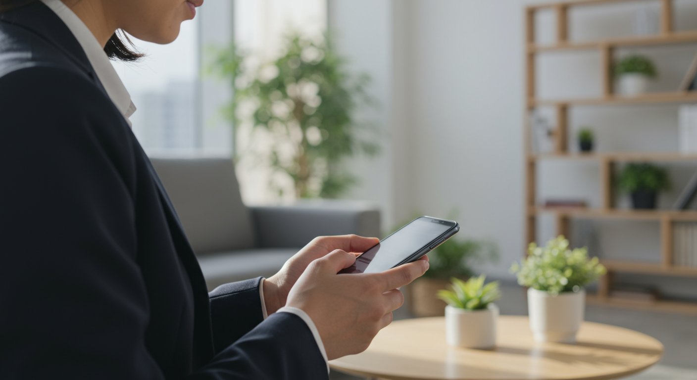スマートフォンでSNSを確認する若手ビジネスパーソン