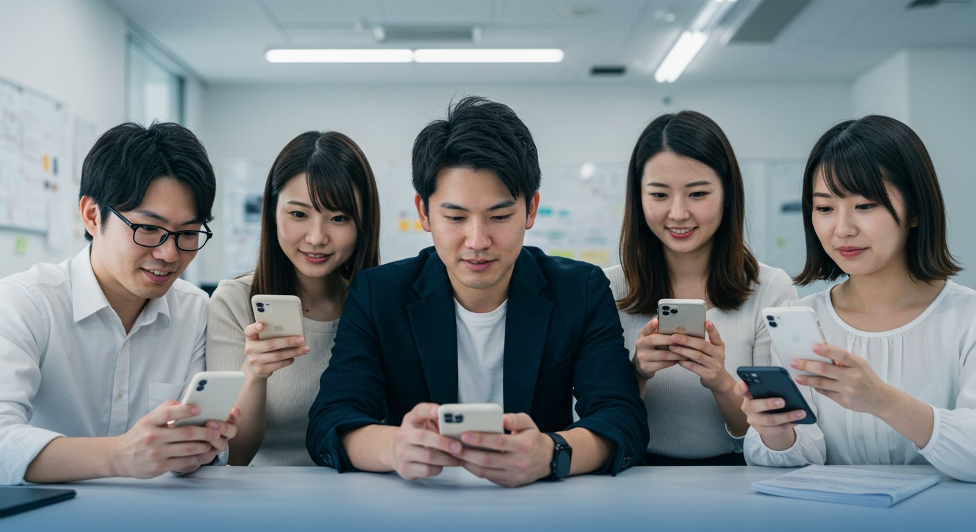 スマートフォンでSNSを閲覧する若者たちのイメージ