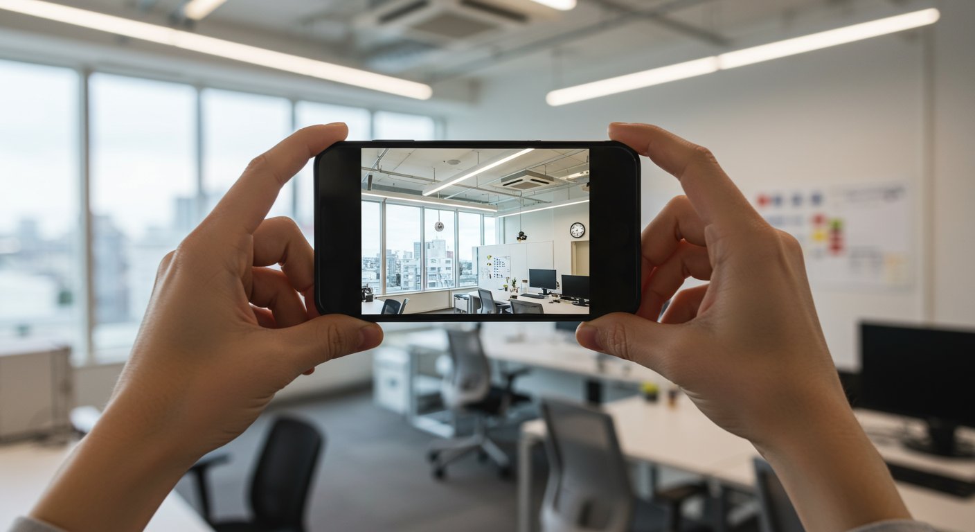 スマートフォンでSNS投稿用の職場写真を撮影する様子
