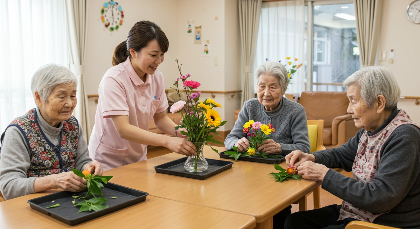 介護職員が利用者と一緒に活動を楽しむ様子