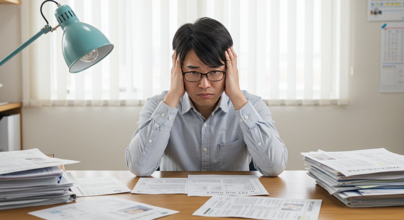 介護施設の採用担当者がデスクで頭を抱えている様子