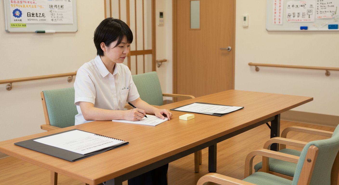 採用基準シートと面接官が評価している様子