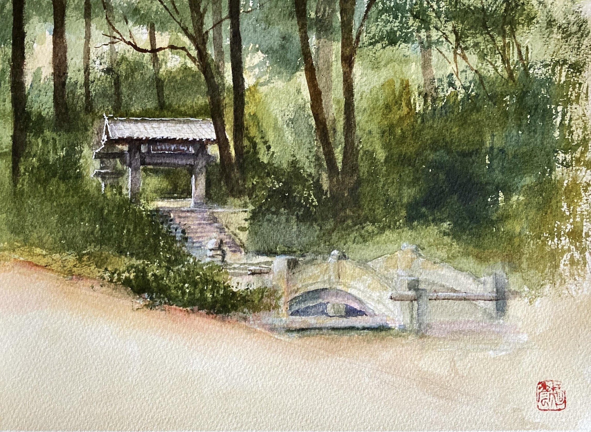 水彩画125】散策の途中、北鎌倉は浄智寺。人出も少なく