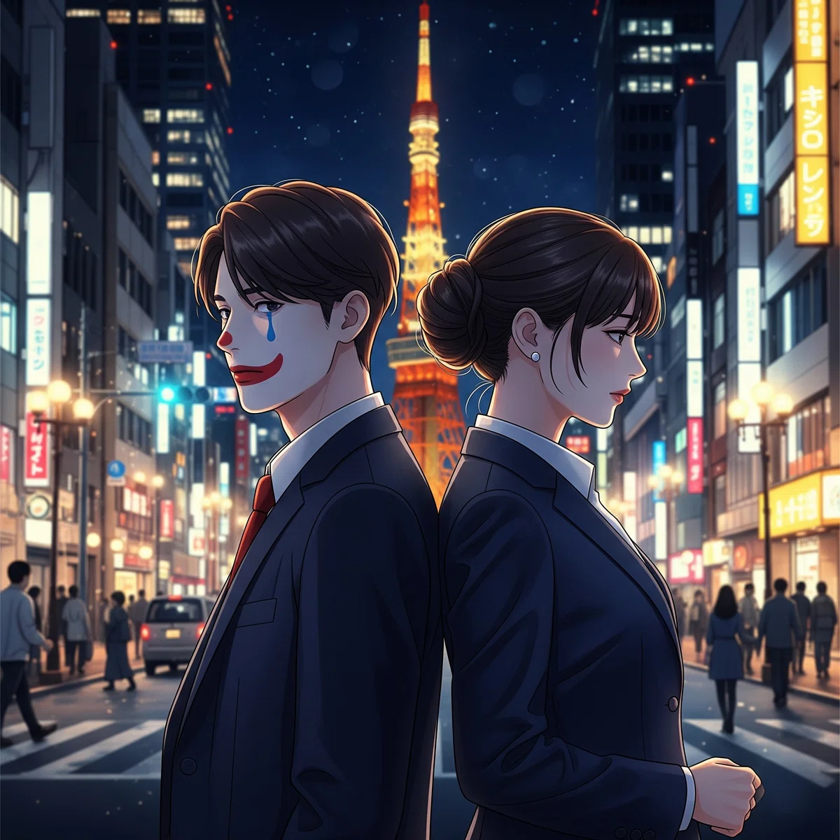 【 #創作大賞感想 】創作大賞2025恋愛小説部門💓中編小説『コントラクター』🍷🗼【書評】世界の終わりで「愛」を叫ぶということ―『PJ』作詞作曲/プロデューサーさんへ🎵夏空のコントラクト(契約)🌻🥂「世界の終わりで、背中合わせの孤独と希望」 物語の核心である、孤独なピエロと謎を秘めたプリンセスが、崩壊していく世界の中心で互いを支えに立つ姿を、壮大かつエモーショナルなイラストで表現しました。ピエロの涙には彼の悲しみと優しさが滲み、プリンセスの決意に満ちた表情は運命に抗う意志を映し出しています。二人を照らす強い光は、絶望の中にある確かな「希望」と「愛」の証です。