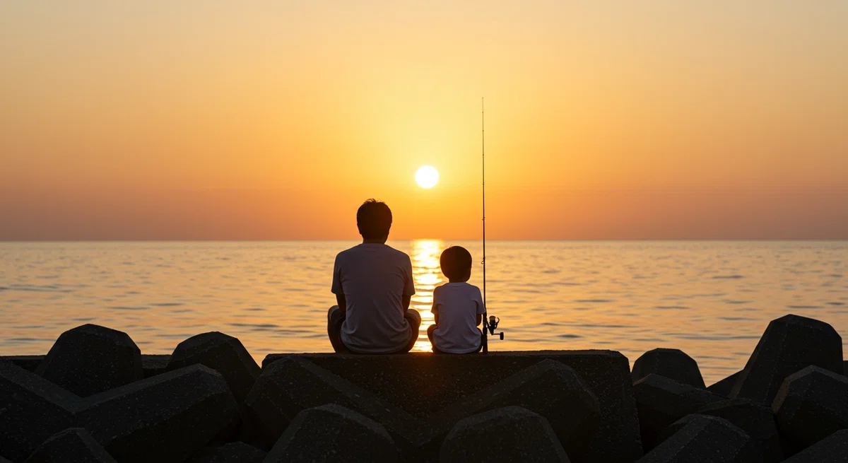 静かに夕日を眺める親子の後ろ姿