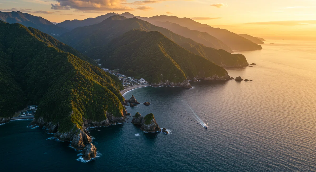 日の出の光が照らす、日本の美しい海岸線の壮大な空撮写真