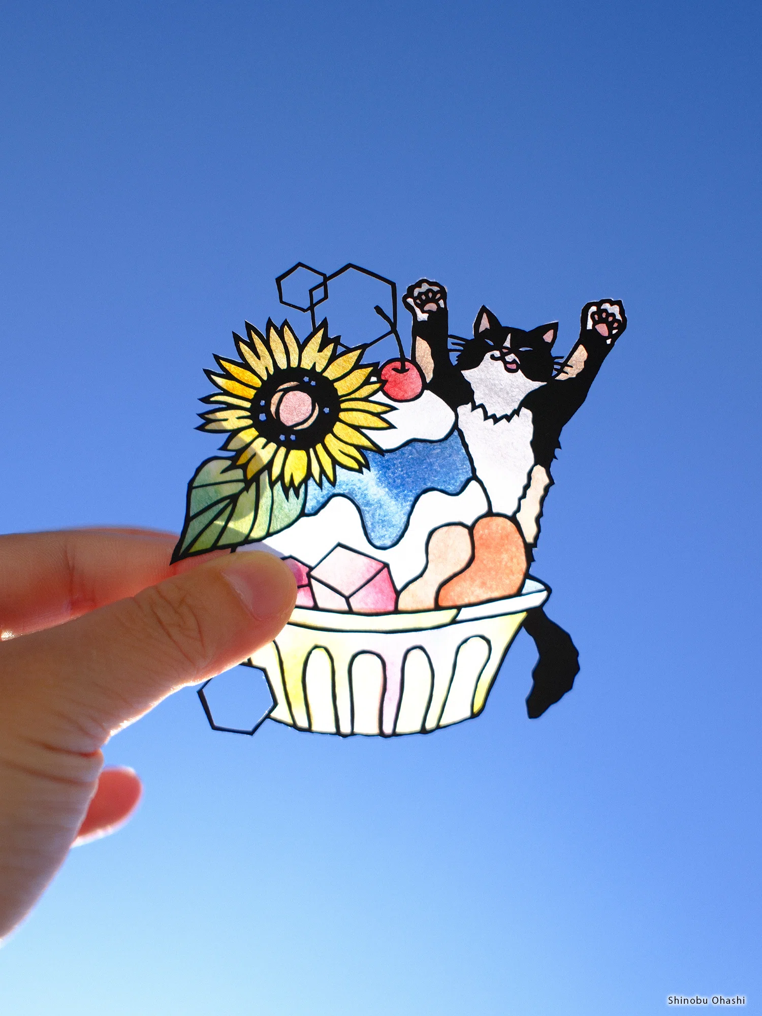 切り絵 - 「かき氷とねこ」｜切り絵作家 大橋 忍