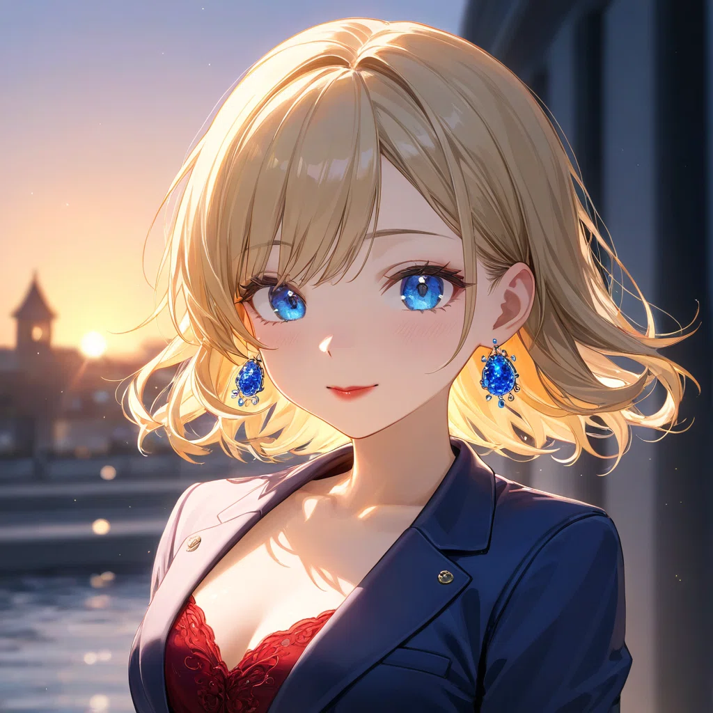 SDXLで生成した金髪の女性のアニメ風イラスト。全体的に青みがかった色調で、コントラストが低め。