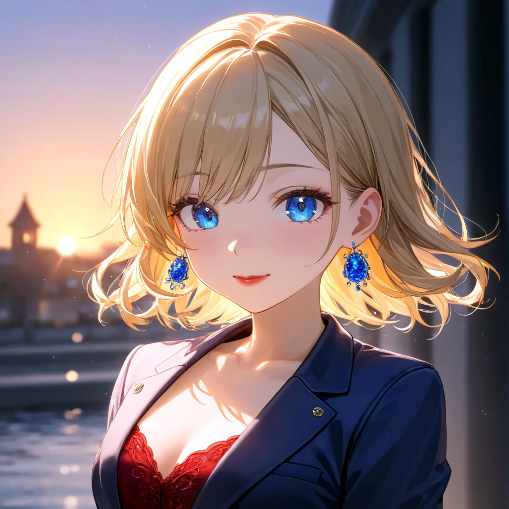 SDXLの金髪女性イラストにRGB補正を施した画像。コントラストが向上し、服の黒が強調されているが、肌色がやや暗い。