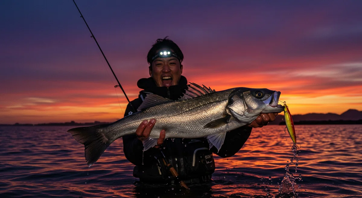 シーバスを釣り上げた釣り人