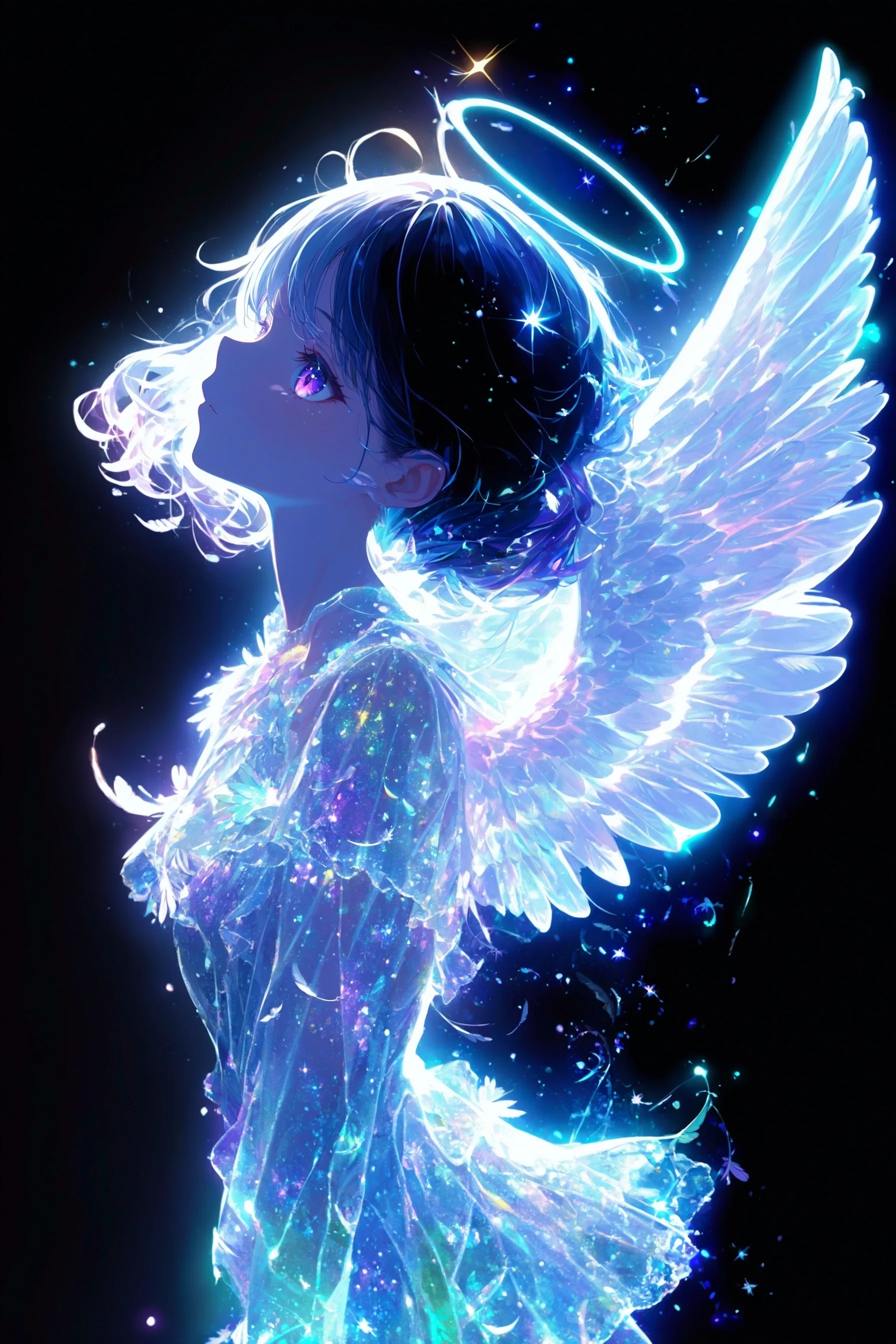 AIイラスト制作解説｜ネオンを纏う天使が浮かぶ「静謐な光」の世界