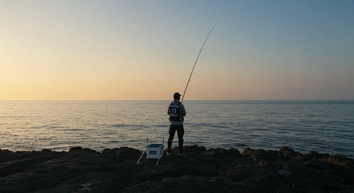 大海原が広がる朝焼けの釣り人