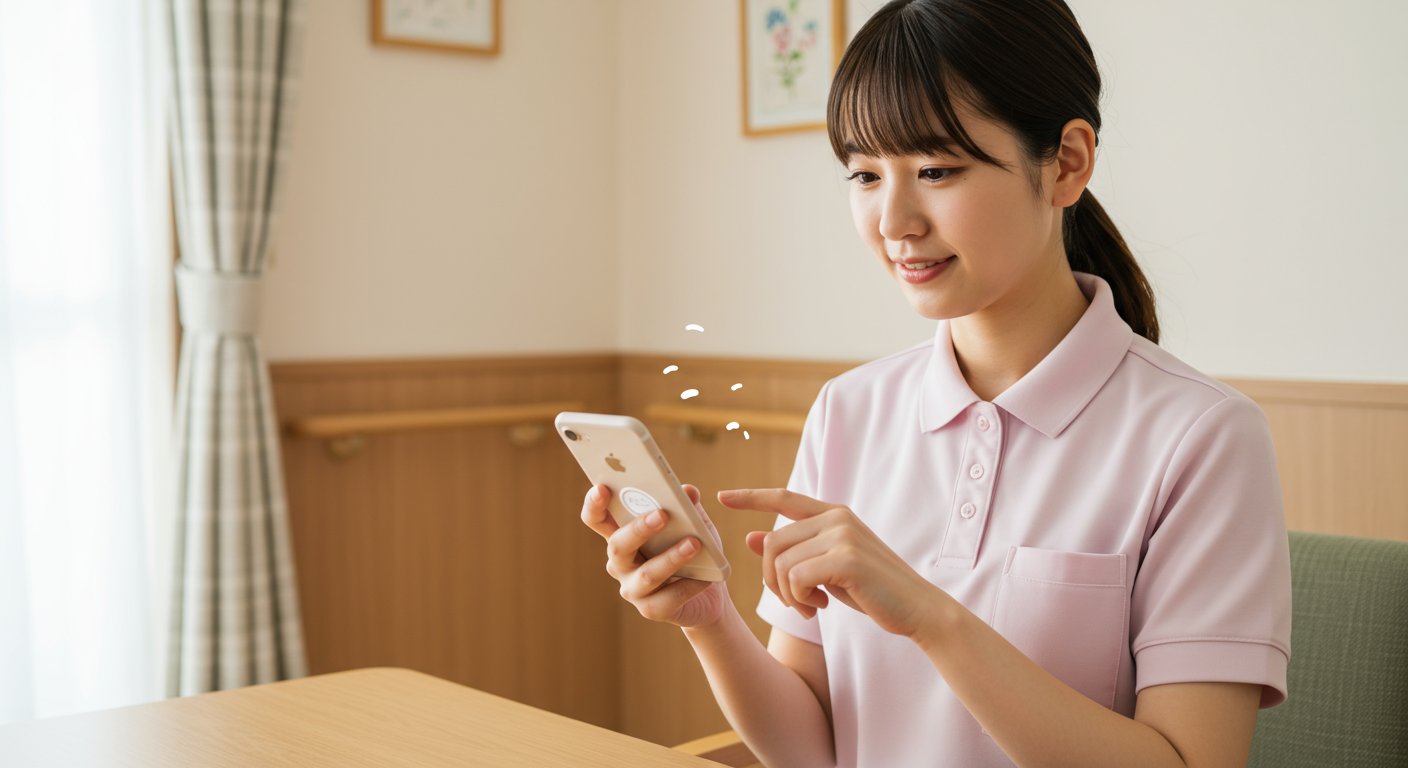 スマートフォンでスカウトメッセージを確認する介護職員