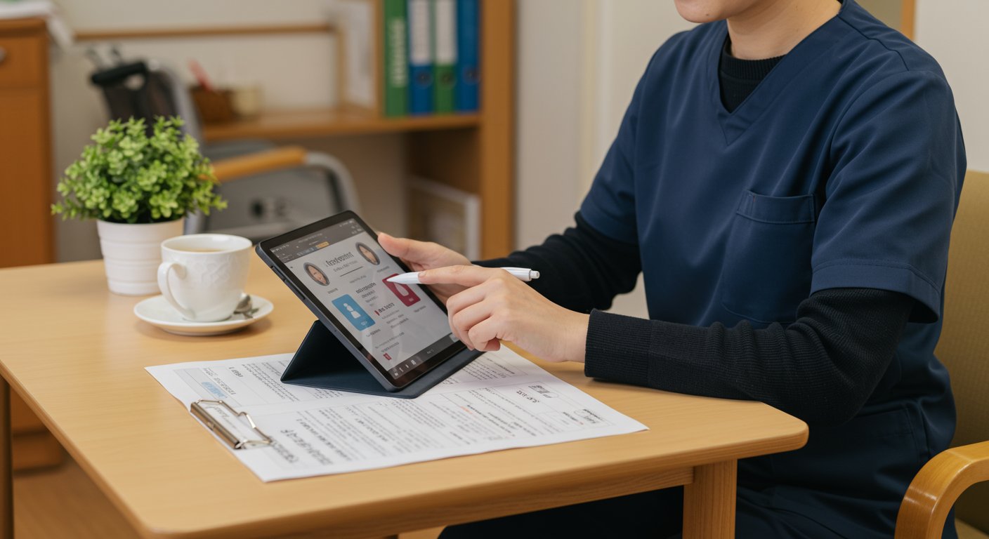 タブレットで採用管理システムを操作する介護施設管理者