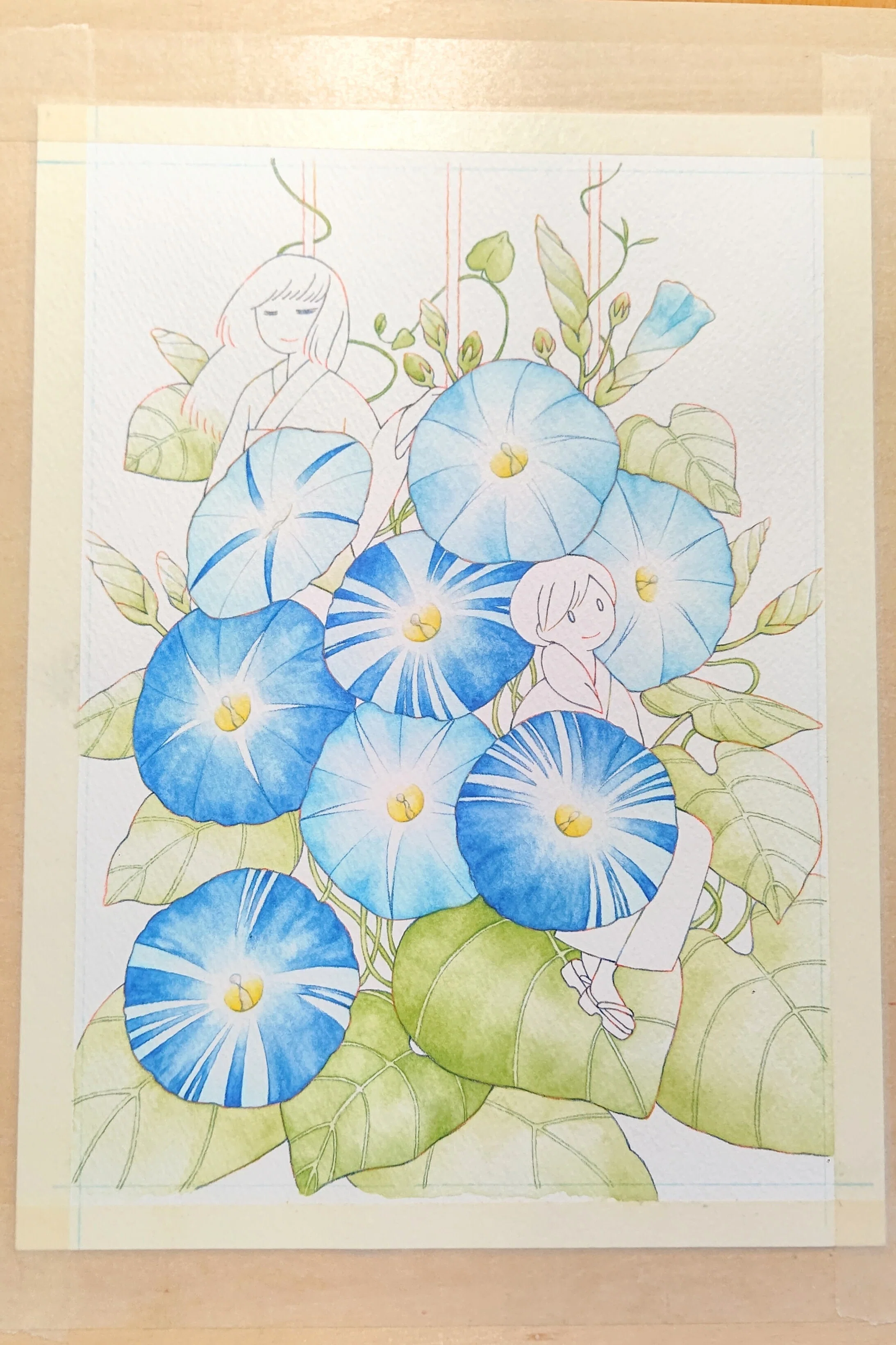 朝顔と女の子｜夏の一枚ができるまで｜梅村とよ｜水彩色鉛筆のイラスト