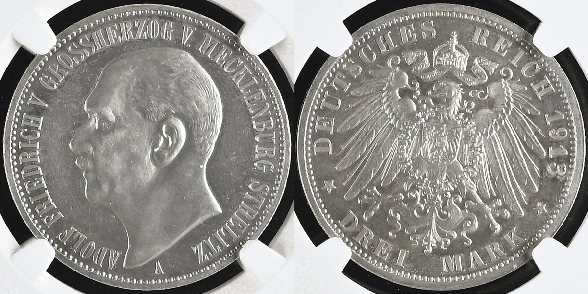 【人気コイン】2019 ドイツ ゲルマニア&コロンビア 銀貨 1913年 ドイツ アドルフ・フリードリヒ5世 3マルク銀貨
