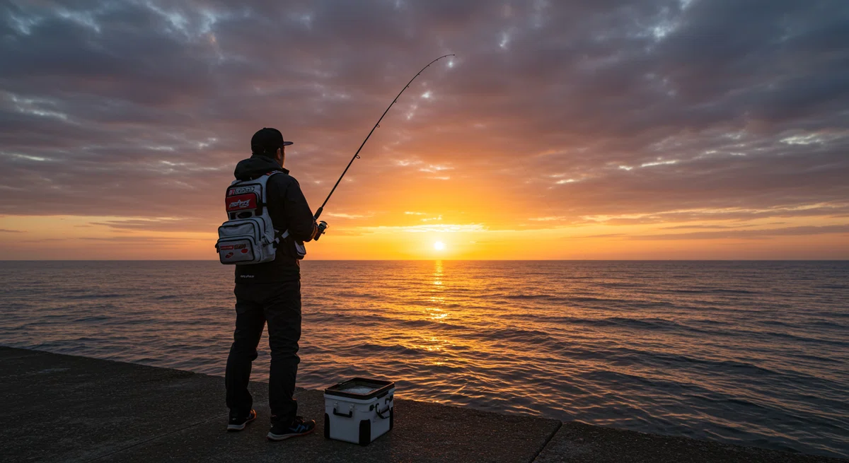 壮大な朝日が昇る海を前に、釣り竿を手に、自信と期待に満ちた表情で佇む日本人釣り人の後ろ姿