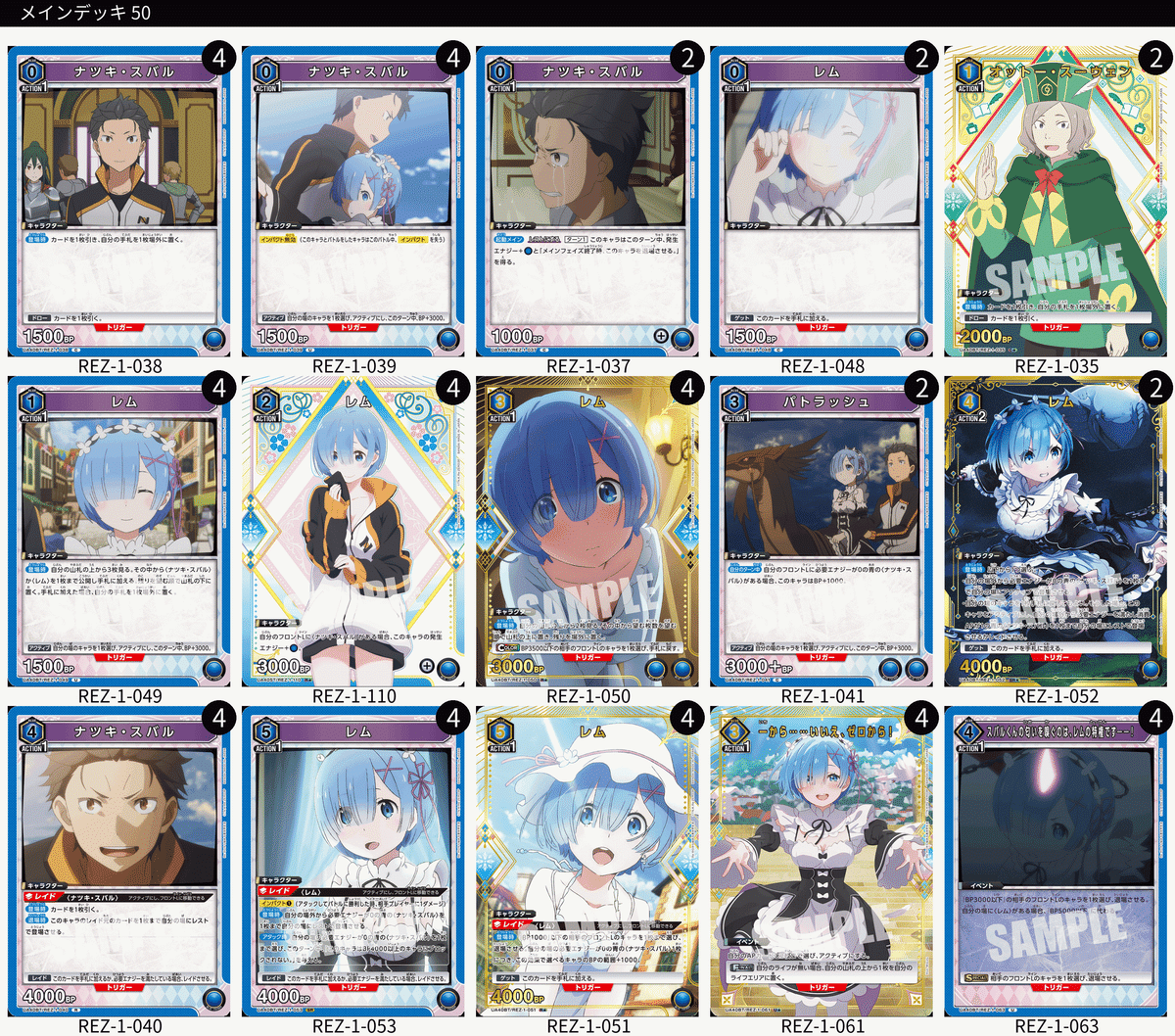 【ユニアリ】青スバルレムデッキ＋調整パーツ【リゼロ】 ユニアリ】青レムスバルの構築について(発売前)｜はいねこ