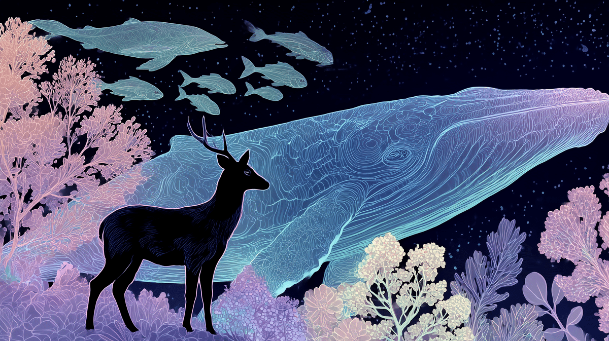 Midjourney v7 × ネオンラインアートで描く、幻想のクジラと花の