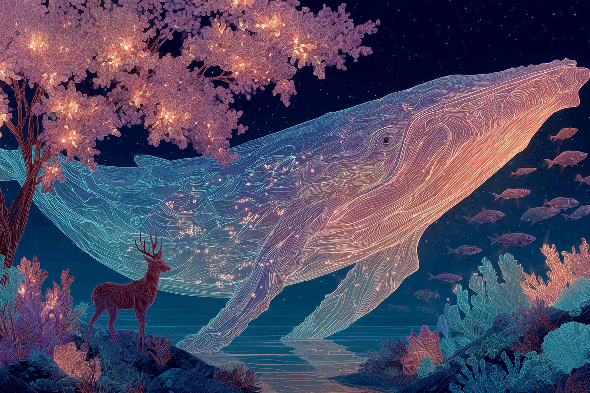 Midjourney v7 × ネオンラインアートで描く、幻想のクジラと花の