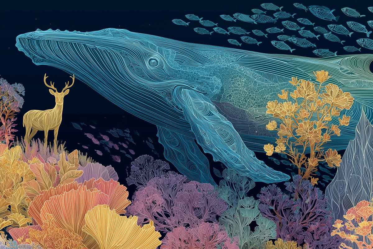 Midjourney v7 × ネオンラインアートで描く、幻想のクジラと花の