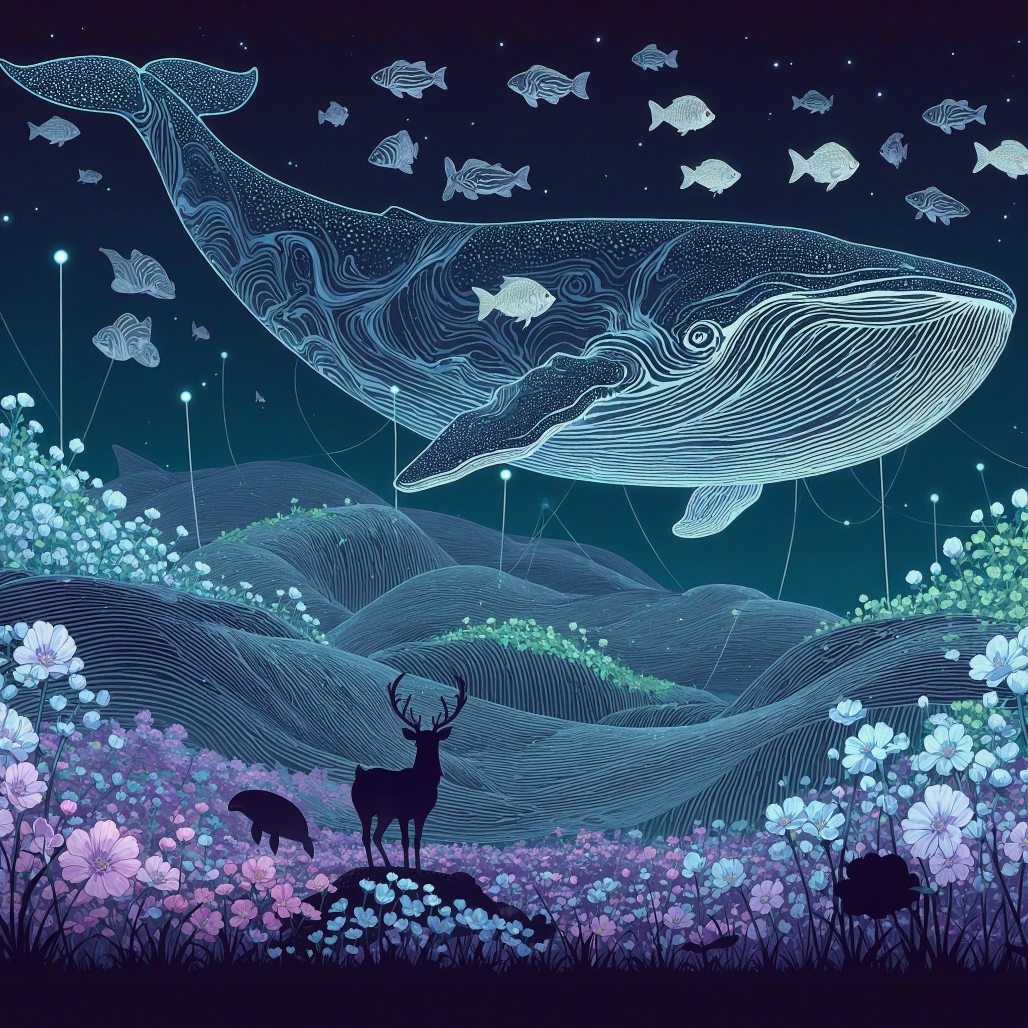 Midjourney v7 × ネオンラインアートで描く、幻想のクジラと花の