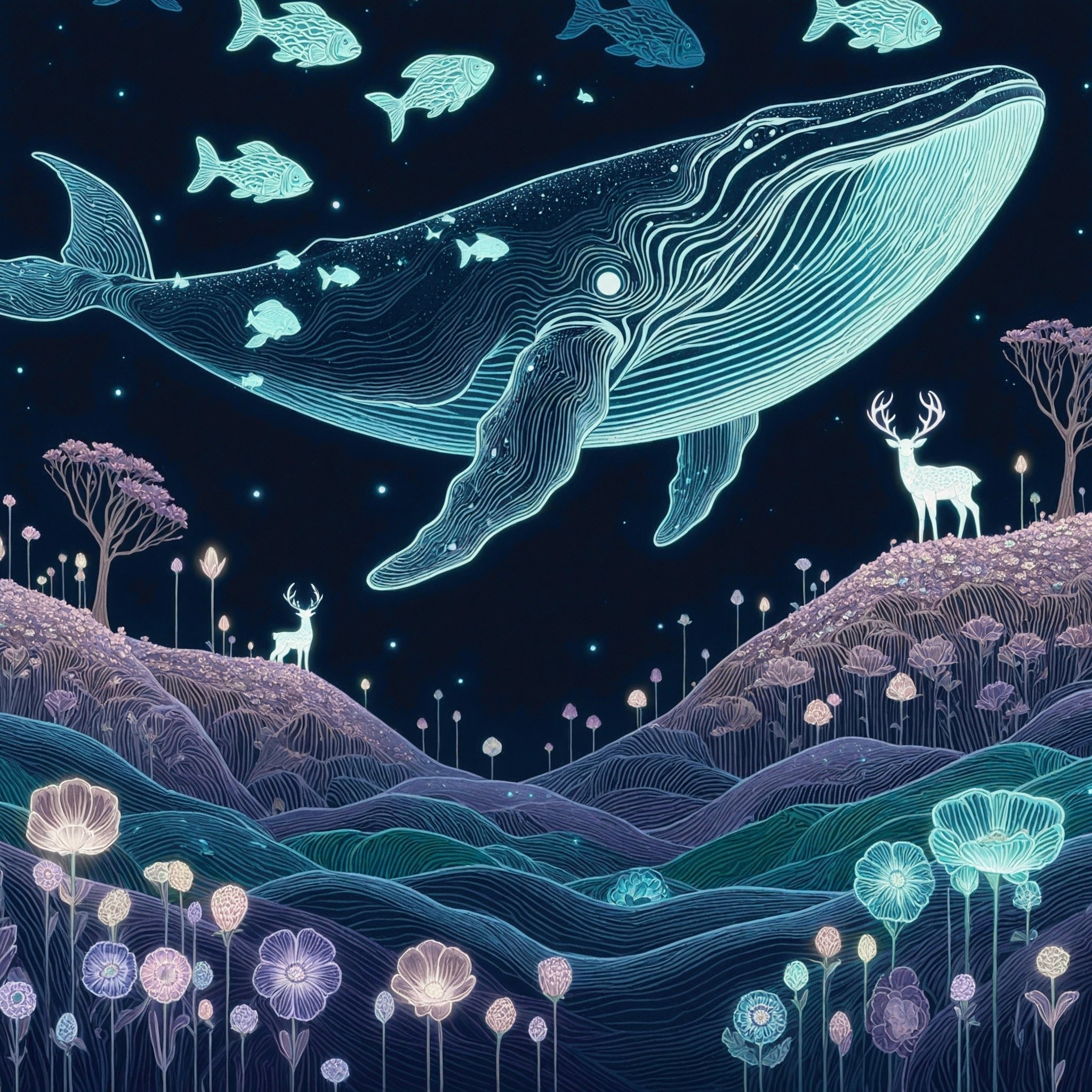 Midjourney v7 × ネオンラインアートで描く、幻想のクジラと花の