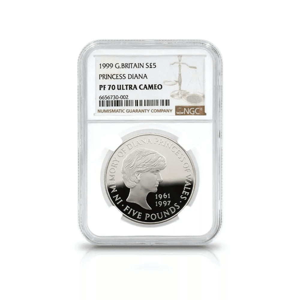 1999 エリザベス2世 ダイアナ妃追悼記念 5ポンド銀貨 NGC PF70UC