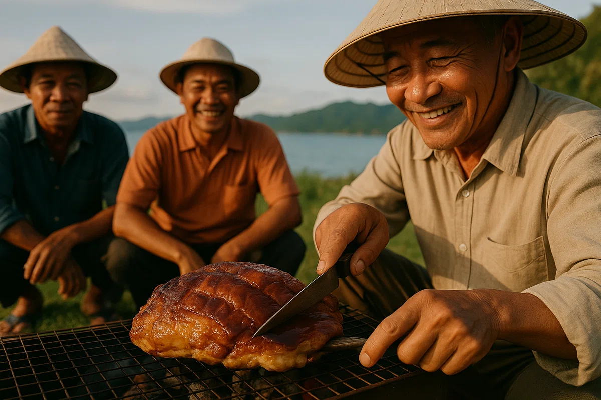 海亀の肉を焼いて笑顔で切り分ける、麦わら帽子の男性たち。南国の青空と海を背景にした屋外での調理風景。