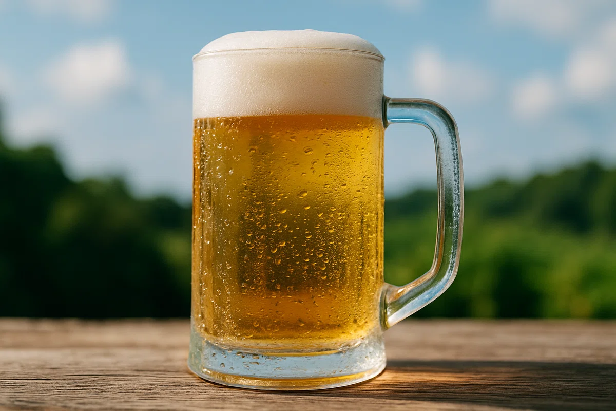 夏の日差しの下でテーブルに置かれた、泡が立つ冷たいビールジョッキ。グラスの表面には水滴がつき、爽快感を伝えている。