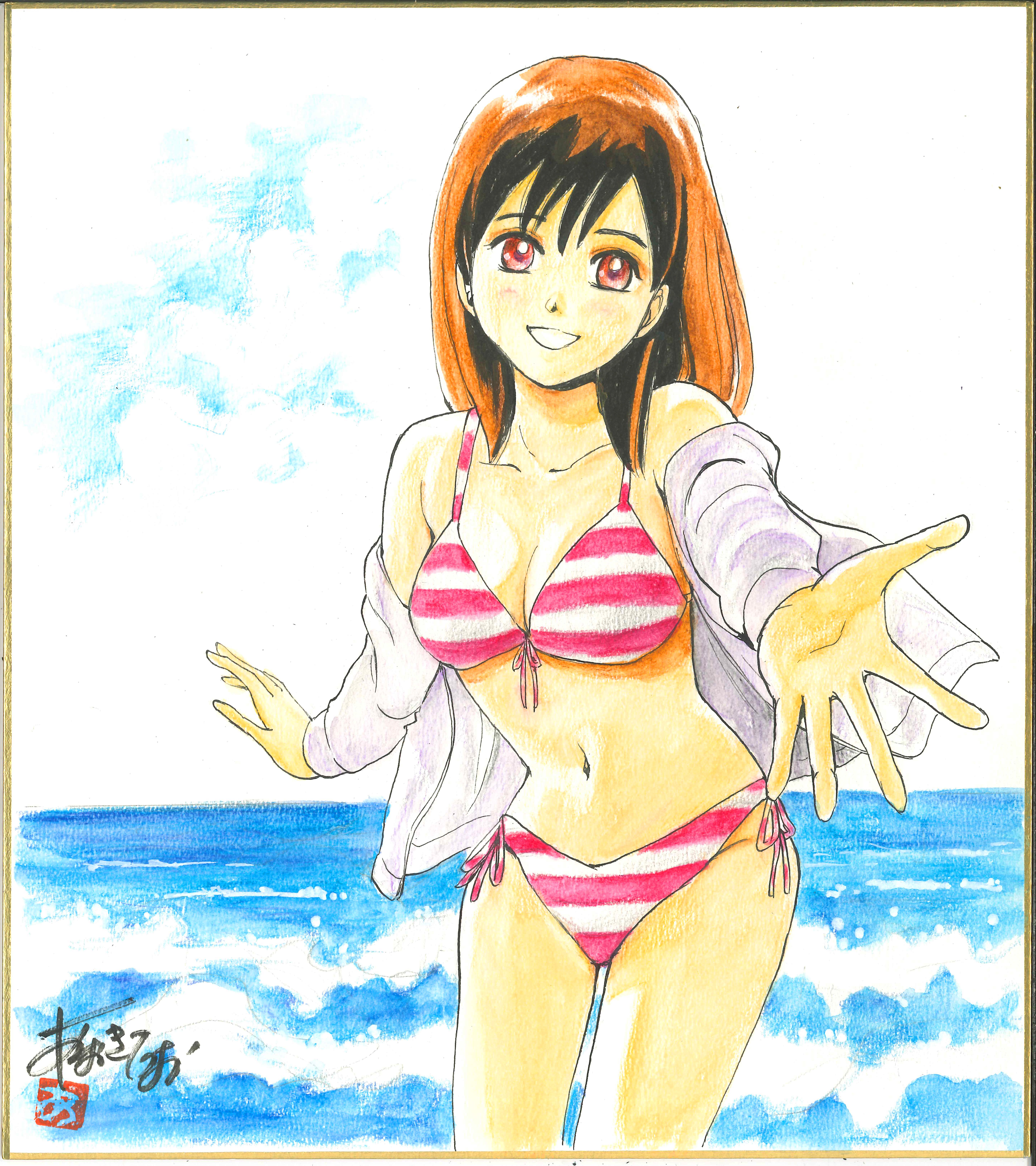 模造クリスタルさんの直筆イラスト色紙類（生原稿風）「ゲーム部　部長　ジト目」 アナログブーム復活〜色紙に挑戦する｜あおきてつおGALLERY