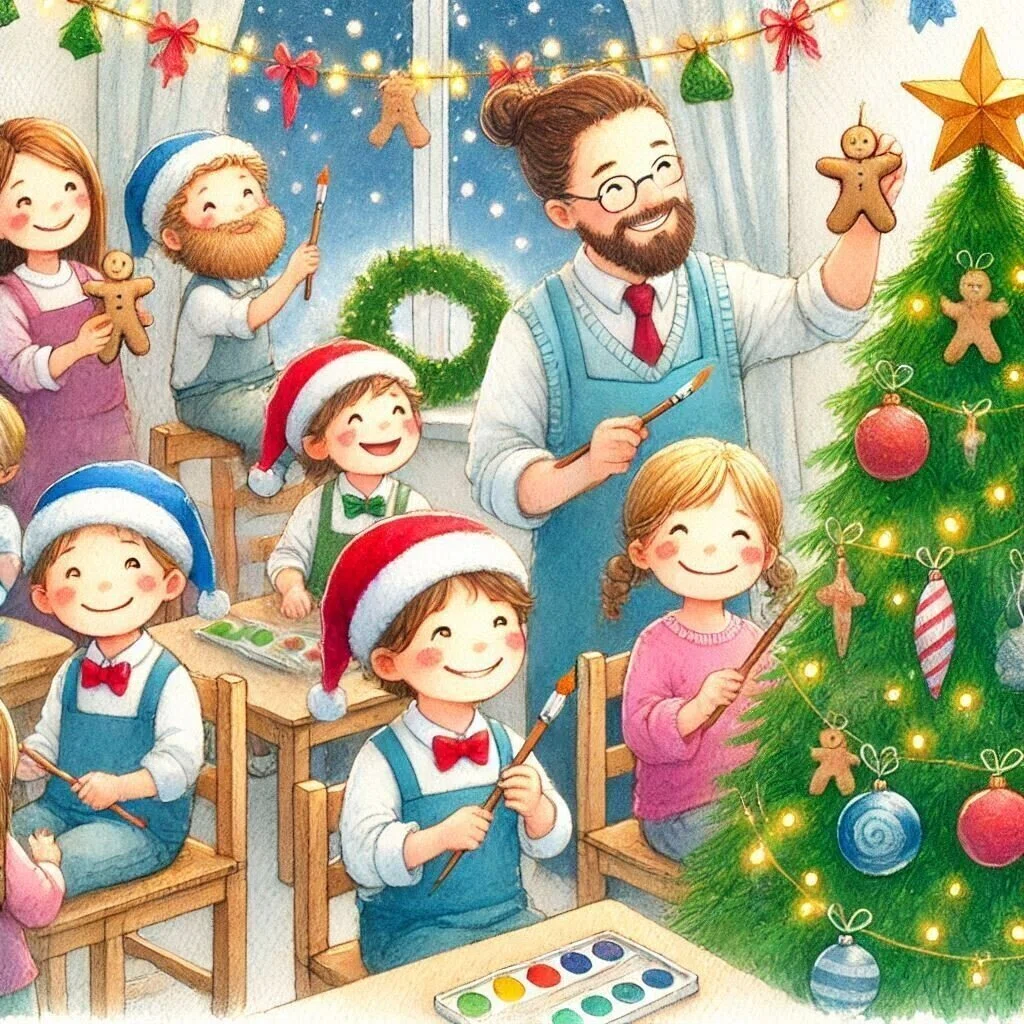 クリスマスツリーの飾りつけをする園児5人。女の先生はジンジャークッキーを持ち、ひげの男の先生が飾りつけをするのを、みんな笑顔で見ている