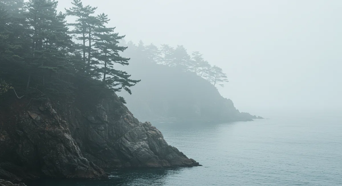い霧に包まれた、水墨画のような日本の海岸風景
