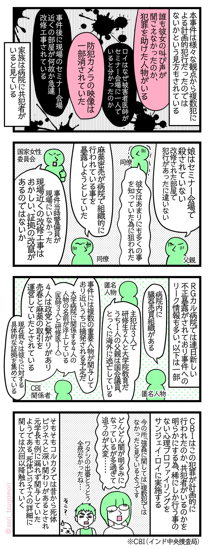 漫画のテキスト
１：複数犯による計画的犯行説
本事件は様々な観点から複数犯による計画的犯行だったのではないかという見方もされている。 いろいろな憶測や不審点「誰も彼女の叫び声が聞こえなかったのか、絶対誰か犯罪を助けた人物がいる」「ロイはなぜ被害者医師がセミナー会場に一人でいると分かったのか」「防犯カメラの映像は一部消されていた」「事件後に現場のセミナー会場近くの部屋が何故か急遽改修工事されている」 家族は病院に共犯者がいると見ている。
２：それぞれの話し
父親「娘はセミナー会場で殺されていない。改修された部屋で犯行があったに違いない」 同僚「彼女はあまりにも多く事とを知っていた為に狙われた」 同僚「麻薬密売が組織的に行われている事を暴露しようとしていた」 国家女性委員会（NCW）「事件当時警備員が現場にいなかった。現場傍の改修工事はおかしい、証拠の改ざんがあるのではないか」
３：病院への不正暴露やリーク情報
ＲＧカル病院では連日新しい不正暴露がされており事件へのリーク情報も多い。以下は出回っている一部 匿名人物「病院内に臓器売買組織がある」 匿名人物「主犯は3人で研修生2人と大学院教員。うち1人の父親は国会議員。とっくに海外に逃亡している」 CBI関係者「この事件には複数の重要人物が関与しており近いうちに摘発される予定だ。大学病院に関係する4人の人物の名前が浮上している（医師3人と研修医1人）。この4人は政党とつながりがあり、売春と麻薬の取引を運営していたとされている。現在我々は彼らに対する具体的な証拠を集めている」　　
４：明るみになる病院と元学長の不正
ＣＢI はこの犯罪が計画的に行われたのか、共犯者がいるのかを明らかにする為にも稀にしか行わない心理プロファイリングをサンジェイ・ロイに実施する（今の所「強姦に関しては」複数犯ではなかったと見ているようです）））。 津籠「どんどん闇が明るみになっているが多過ぎて追うのが大変（）」 夫「私の出番全然なかったね・・・」アザラシ「そこ？」 そもそもコルカタでは昔から死体ビジネスと深い関わりあいがあるとされ元学長も例に漏れず関与していたようだ。死体ビジネスに関しては次回触れていく。 ※CBI（インド中央捜査局）