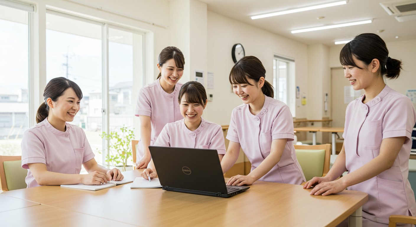 笑顔で働く介護施設のスタッフたち