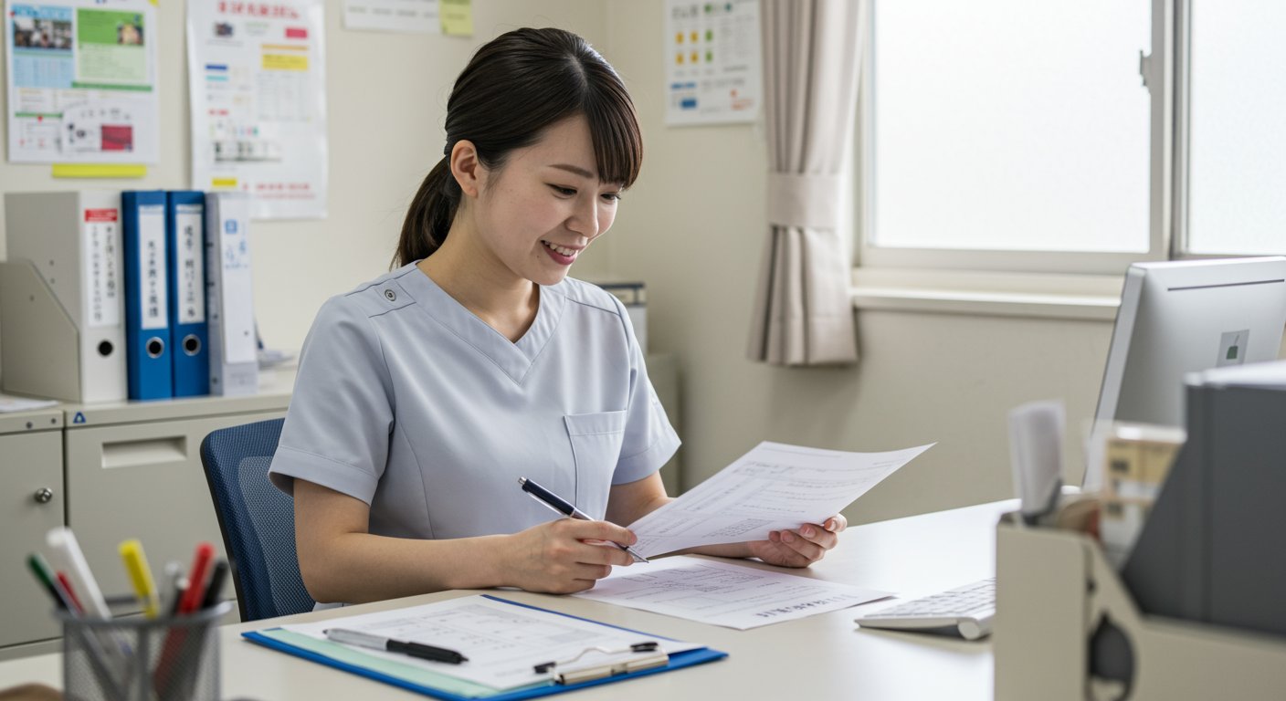 介護施設の管理者が採用書類を確認している様子