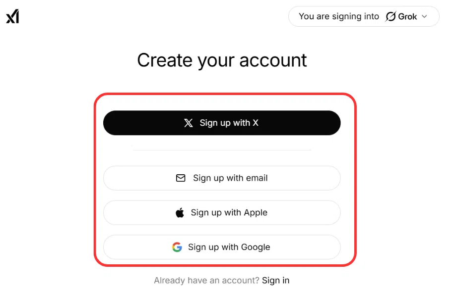 Xのアカウント、もしくはGoogle等外部サービスでGrokのアカウントを作成する
