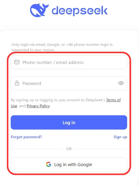 メールアドレスの入力、パスワードの入力もしくはGoogleの外部サービスでDeepSeekのアカウントを作成する