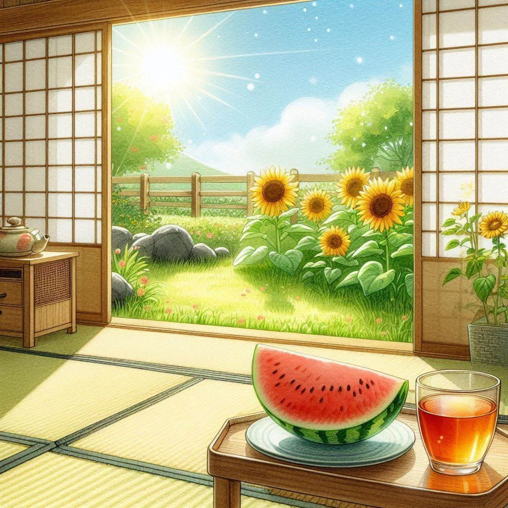 和室のテーブルにスイカと麦茶、外の庭には芝生とひまわり。明るく晴れた日のイメージイラスト
