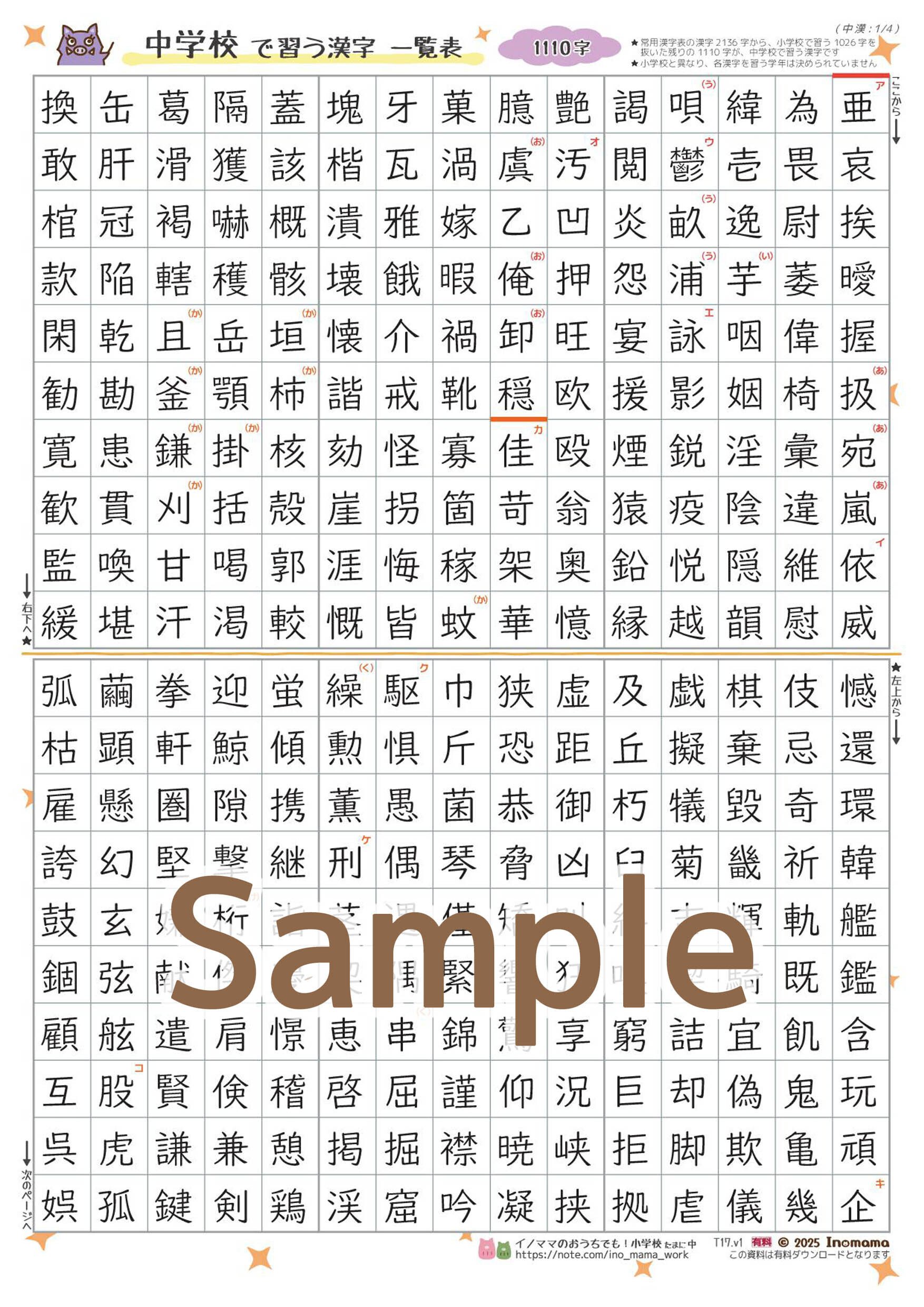 PDF公開》 中学校で習う漢字の一覧表 (国語：中学生)｜イノママ