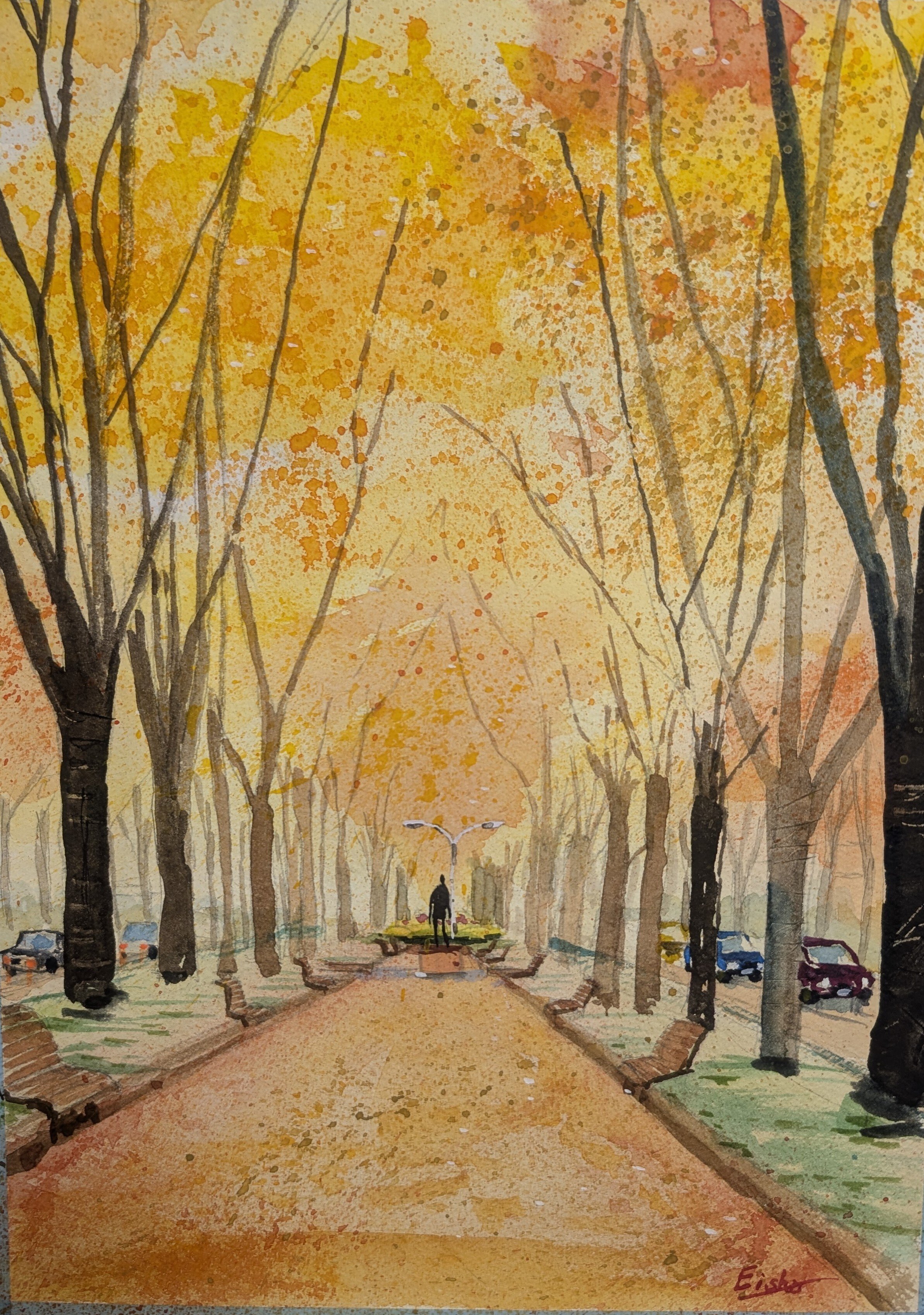 水彩画　朝靄の並木 Morning sunshine filtering through trees - 木漏れ日の朝 水彩画