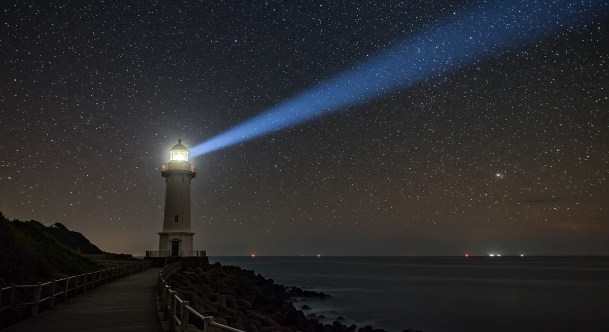 星空の下、一点を指す灯台の光の風景。