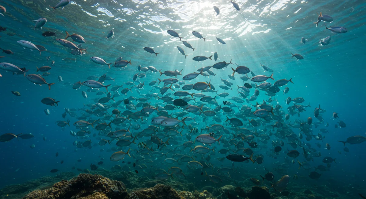 豊穣な海で魚群が輝く水中風景。