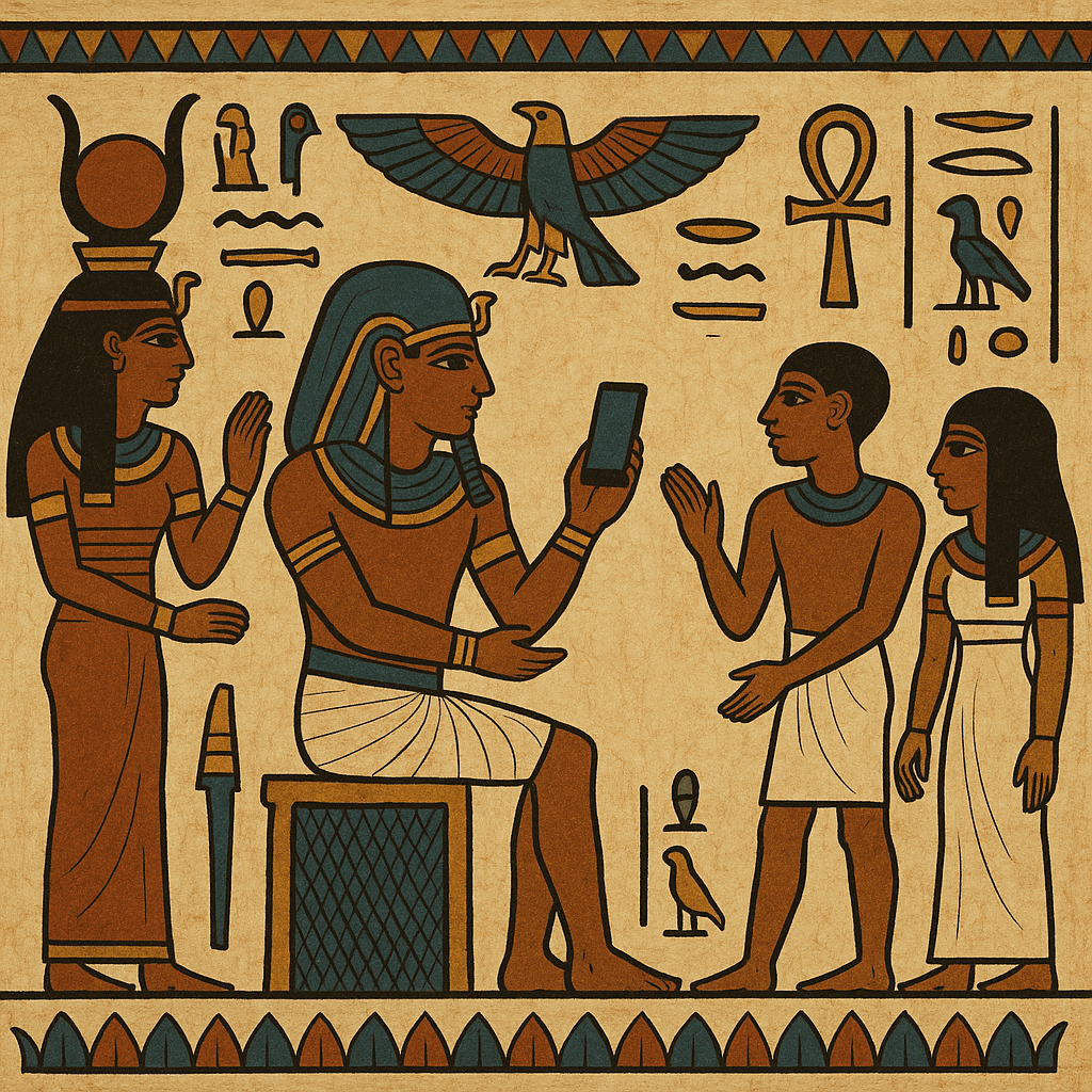 古代エジプト 壁画風アート AI画像生成】スマホを持つファラオ爆誕？！古代エジプト壁画風