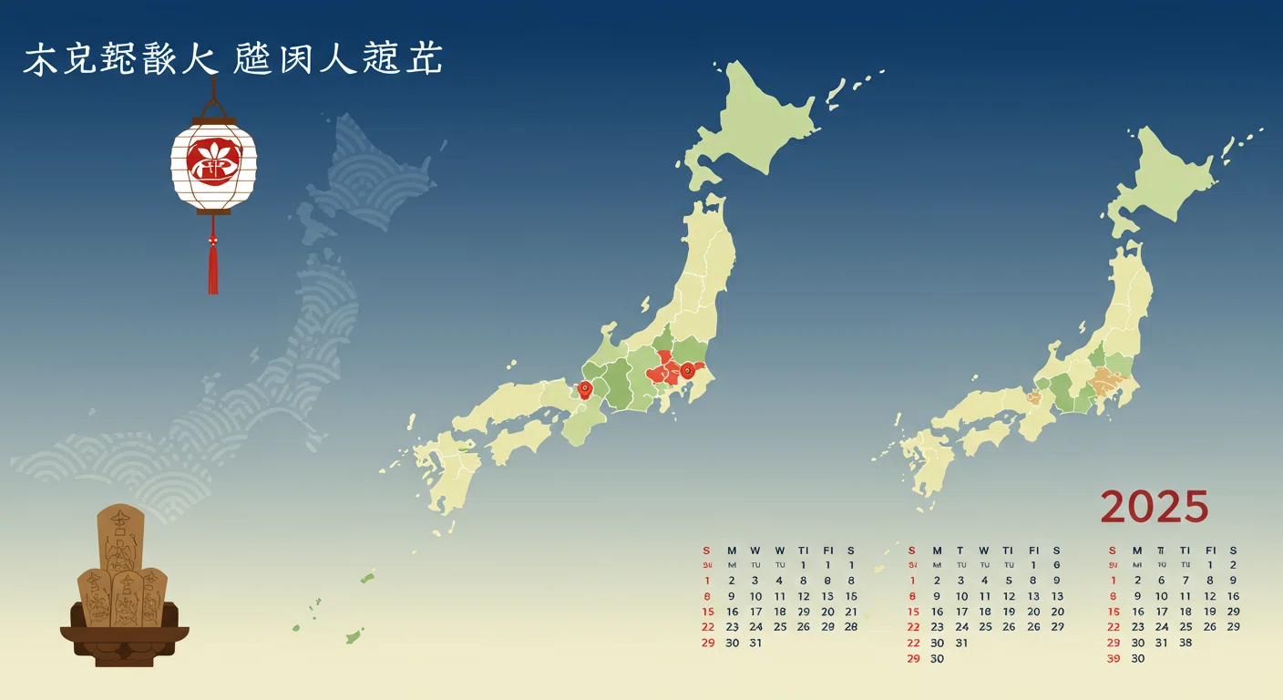 2025年お盆カレンダーと地域別の違いを示す日本地図