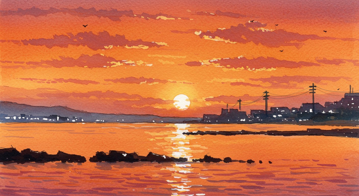 風景画　有明海の夕日　原画 水彩画 海の風景画 夕焼け 波 岩 | Premium AI生成画像