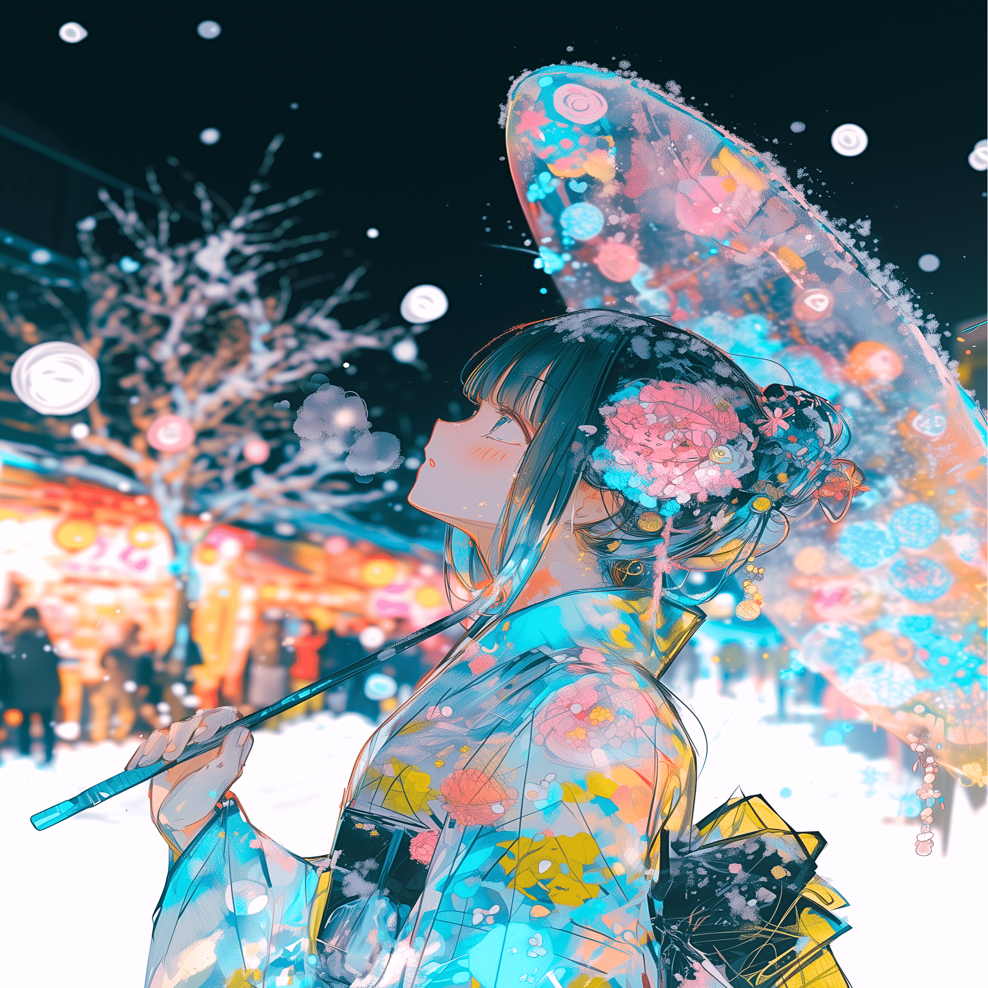 夏夜を漂う雪は、祭り灯に紛れた【画像生成AI＋4コマ漫画】｜Alpaka