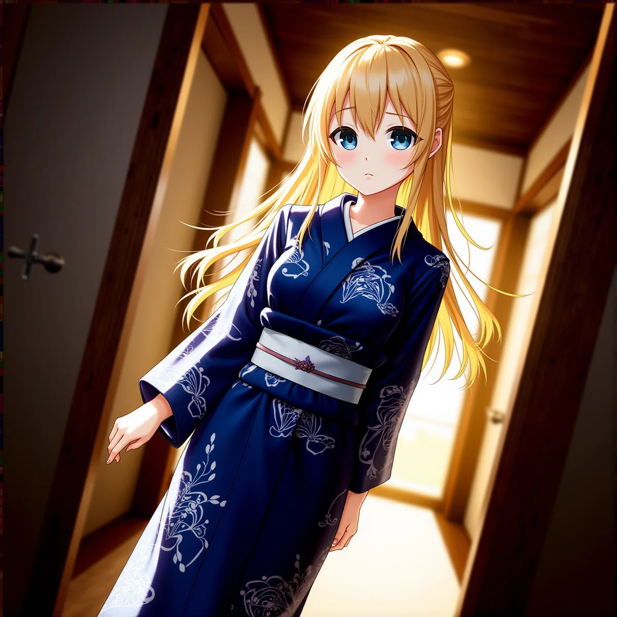 Flux.1 [dev] で再描画したアニメイラスト（1024x1024）。青い着物を着た女性が日本家屋の中で立っている