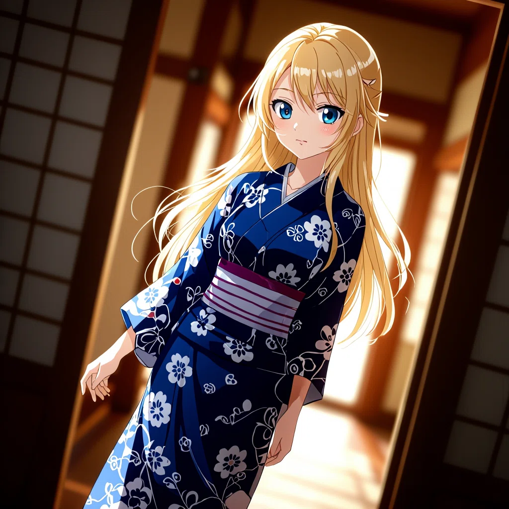 HiDream-I1-Dev で再描画したアニメイラスト（1024x1024）。青い着物を着た女性が日本家屋の中で立っている