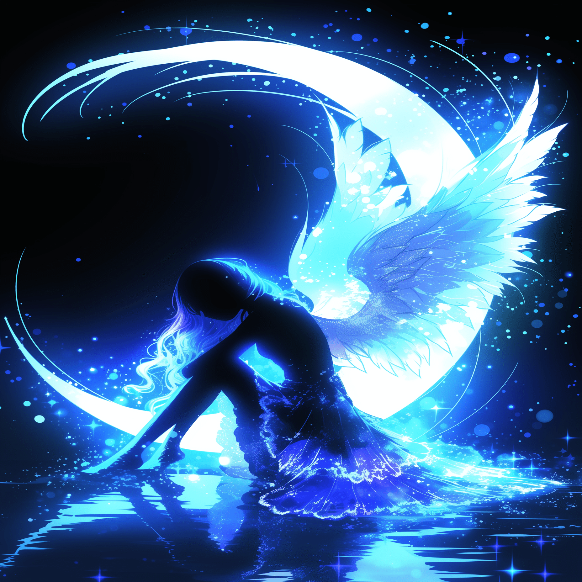 光と影の境界線 ― 天使と三日月が織りなす幻想｜リンファ@AIアート